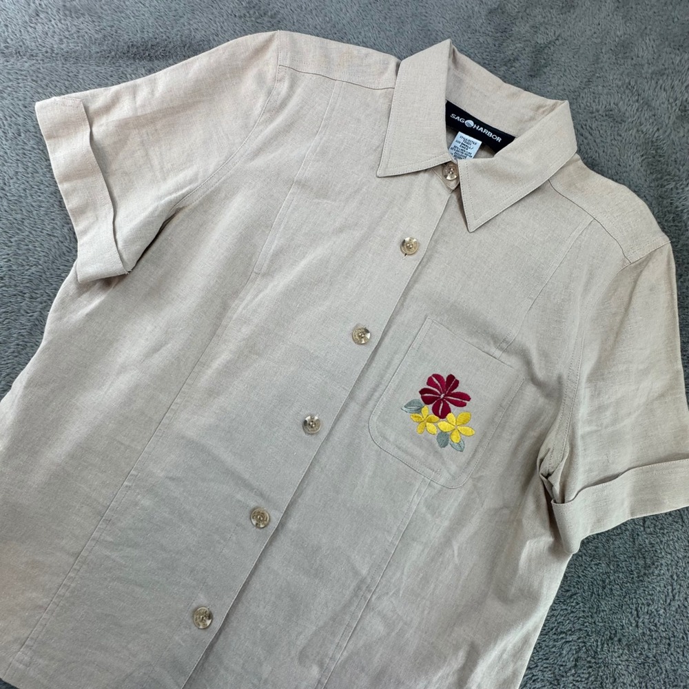 Sag Harbor Linen Blend Embroidered Floral Short Sleeve Button Shirt Women Small